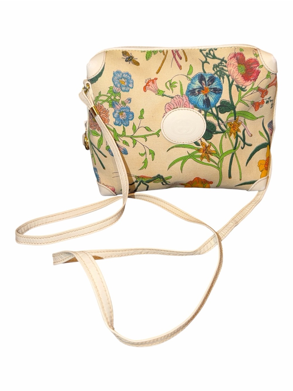 Vintage Gucci Flora Canvas Crossbody Bag White Leather Trim 007-115-1093